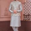 Magnificent Grey Colored Designer Readymade Men’s Wear Kurta and Jacket Set for Wedding, Engagement, or Festive