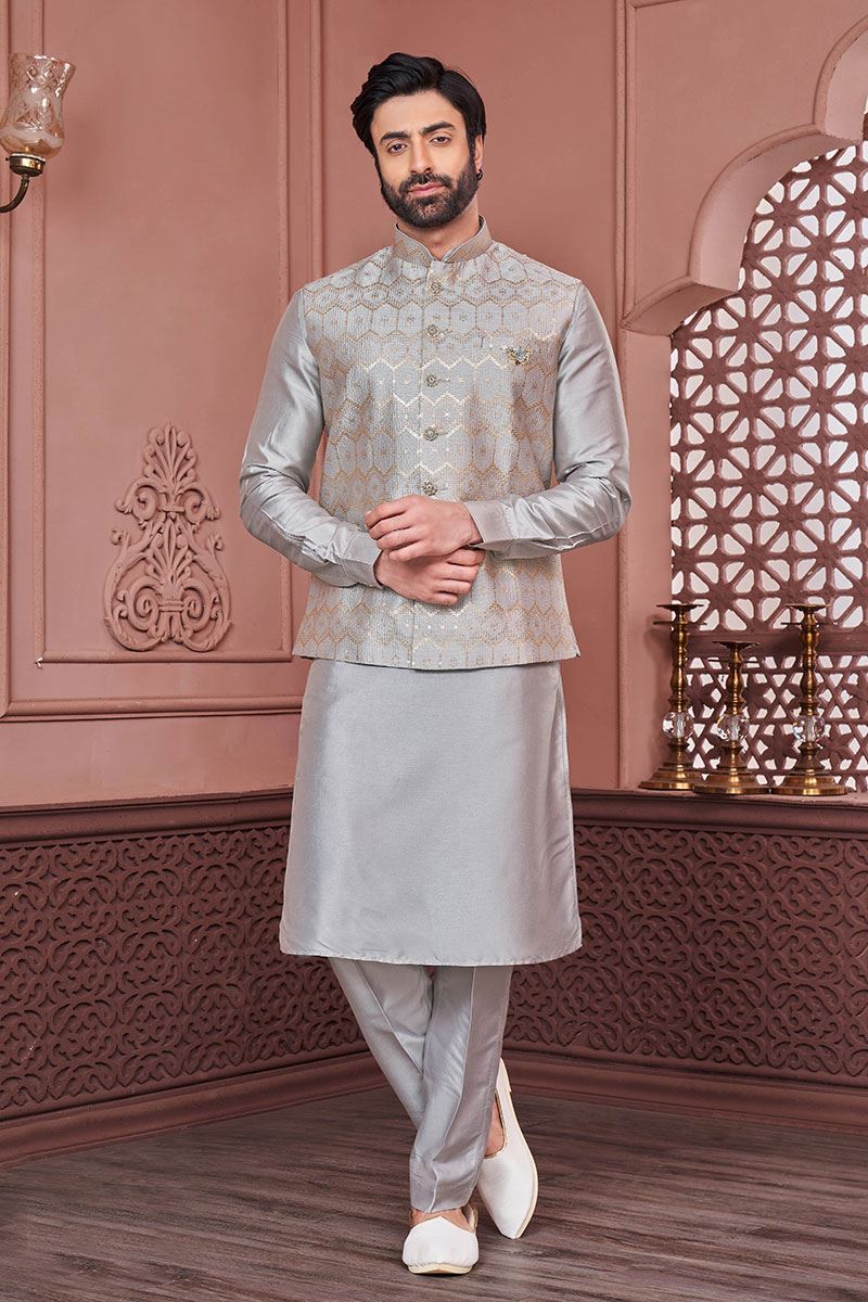 Magnificent Grey Colored Designer Readymade Men’s Wear Kurta and Jacket Set for Wedding, Engagement, or Festive