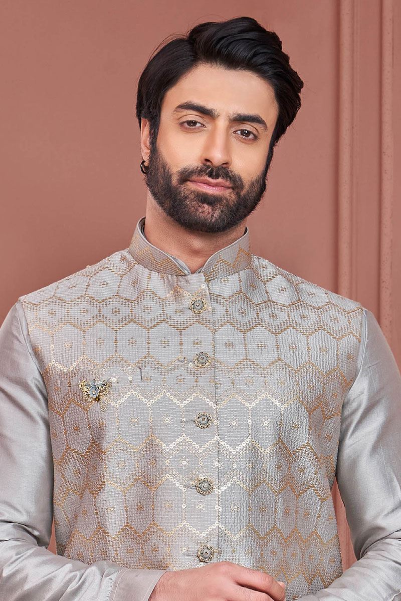Magnificent Grey Colored Designer Readymade Men’s Wear Kurta and Jacket Set for Wedding, Engagement, or Festive
