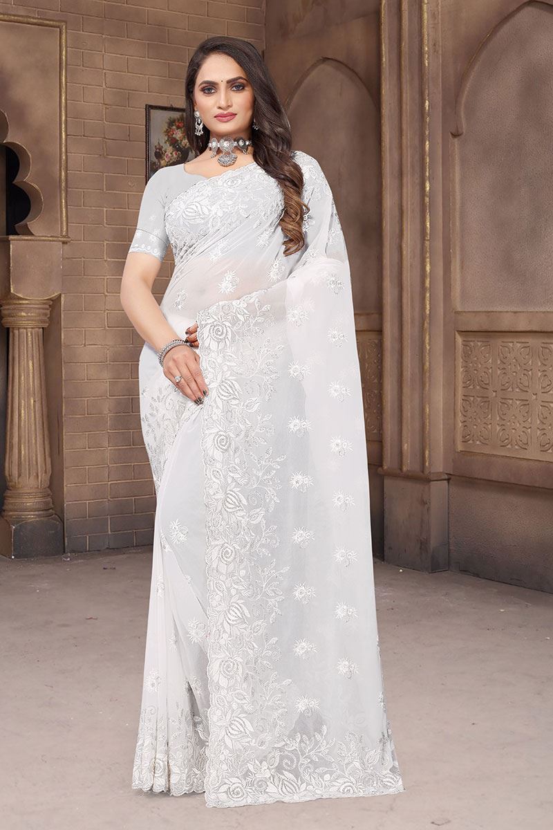 Creative White Colored Designer Saree for Party, Engagement or Sangeet