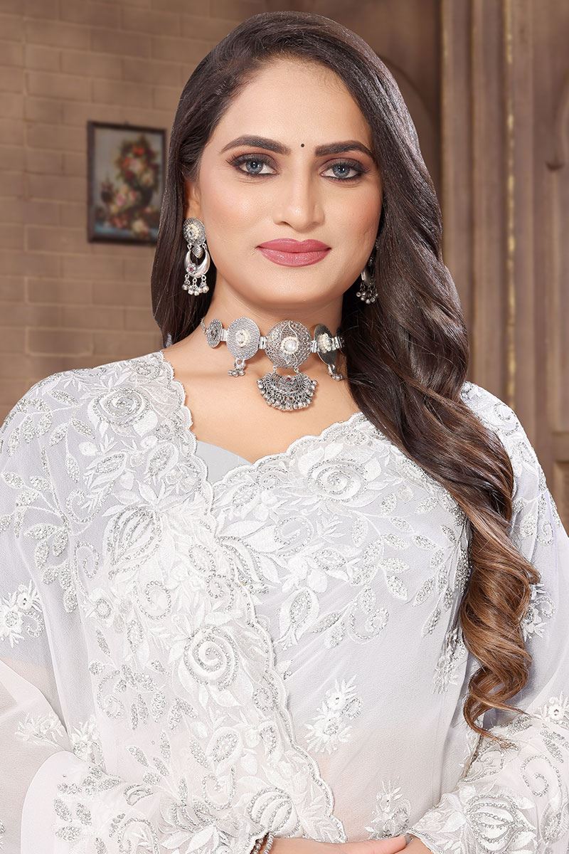 Creative White Colored Designer Saree for Party, Engagement or Sangeet