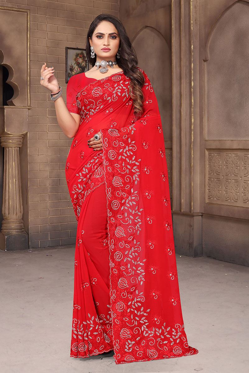 Artistic Red Colored Designer Saree for Party, Engagement or Festive