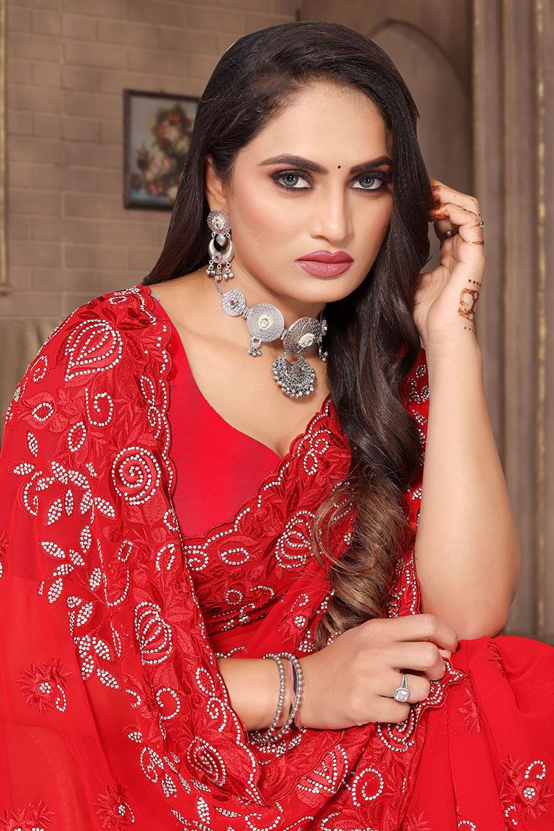 Artistic Red Colored Designer Saree for Party, Engagement or Festive