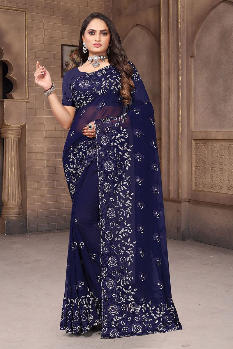 Delightful Navy Blue Georgette Saree for Party, Engagement or Sangeet