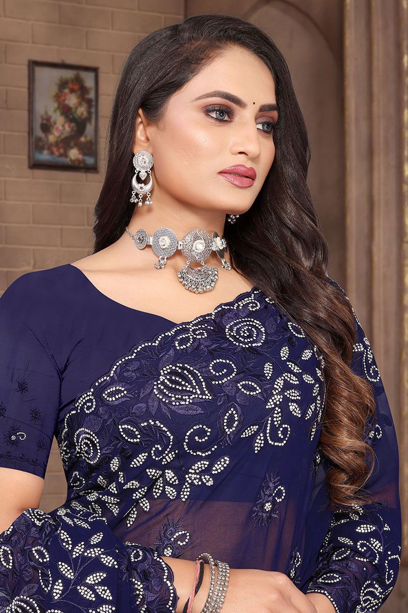Delightful Navy Blue Georgette Saree for Party, Engagement or Sangeet