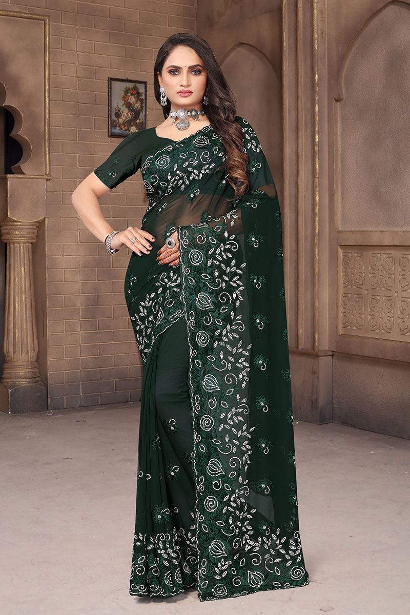 Heavenly Bottle Green Colored Designer Saree for Party, Engagement, or Festive