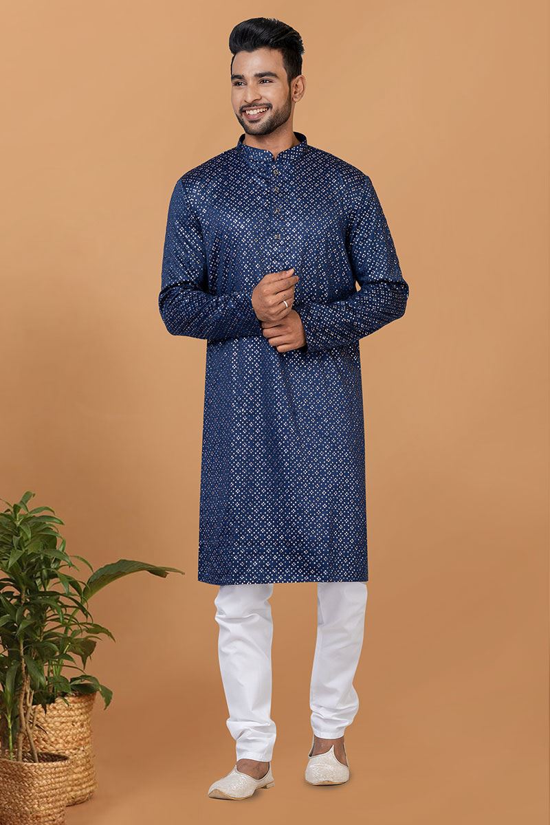 Magnificent Blue Mens Designer Kurta and Churidar Set for Festive or Sangeet