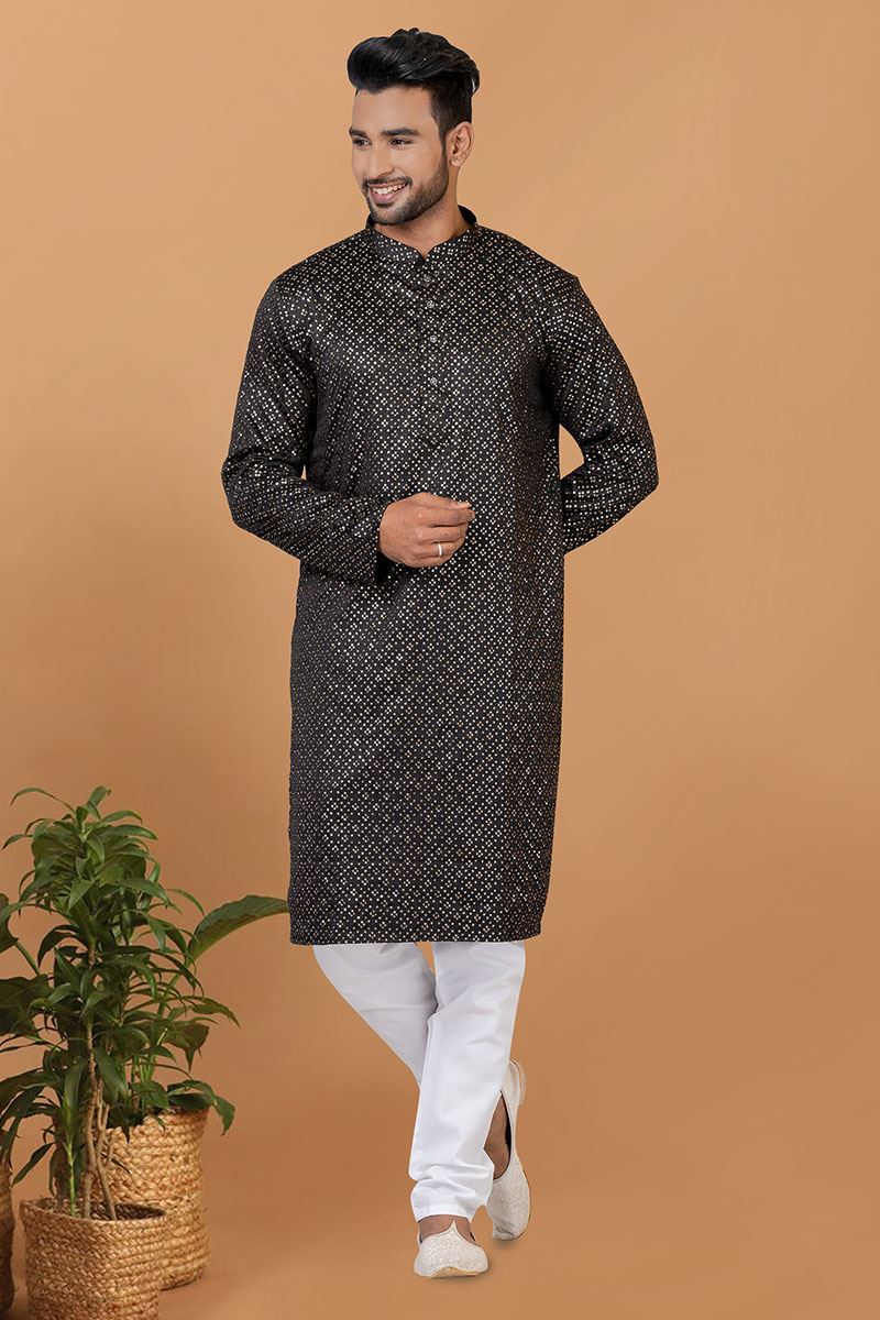 Fashionable Black Mens Designer Kurta and Churidar Set for Sangeet or Engagement