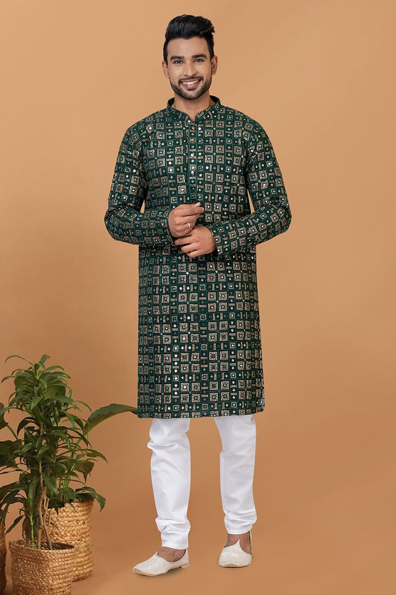 Appealing Green Mens Designer Kurta and Churidar Set for Festive or Mehendi