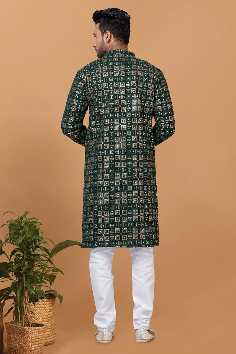 Appealing Green Mens Designer Kurta and Churidar Set for Festive or Mehendi