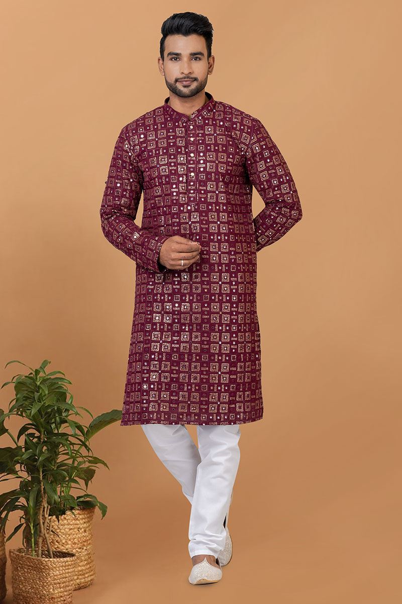 Majestic Maroon Colored Designer Kurta and Churidar Set for Festive or Wedding