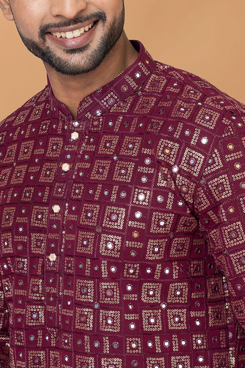 Majestic Maroon Colored Designer Kurta and Churidar Set for Festive or Wedding