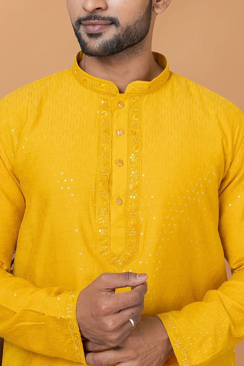 Exquisite Yellow Mens Designer Kurta and Churidar Set for Festive or Haldi