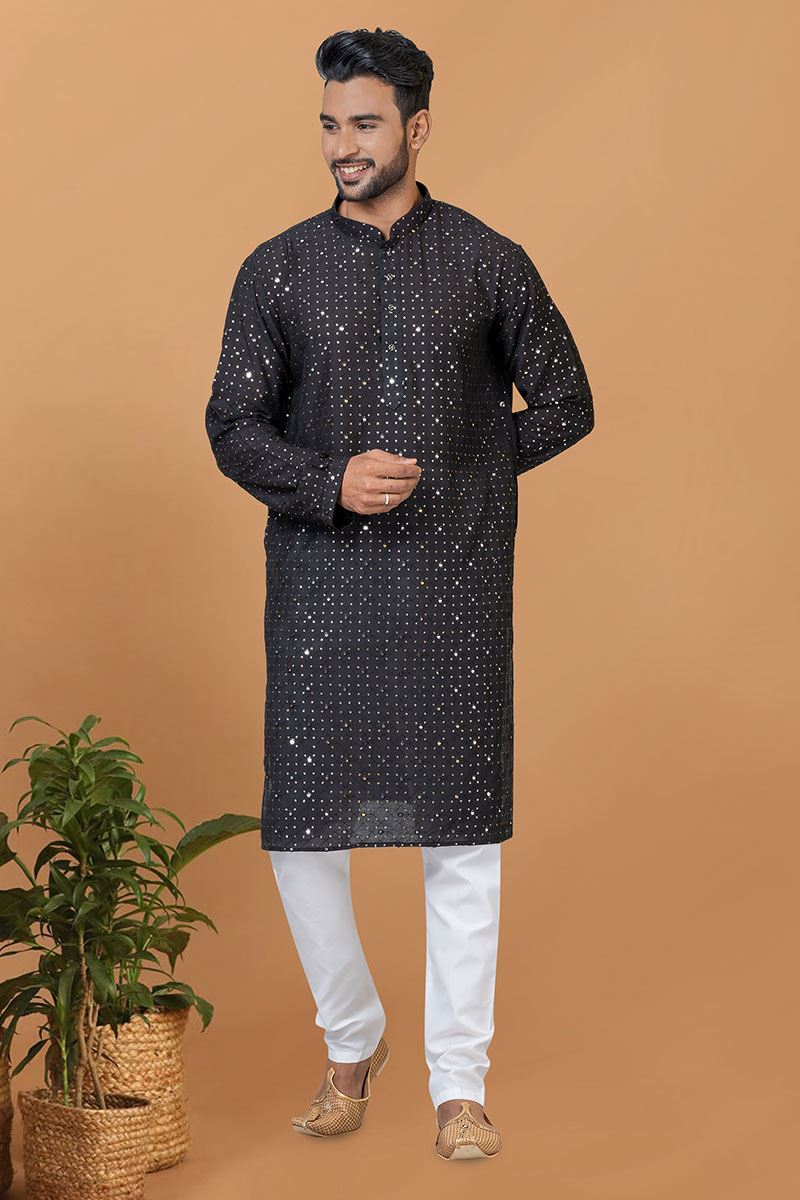 Enticing Black Mens Designer Kurta Set for Sangeet or Engagement