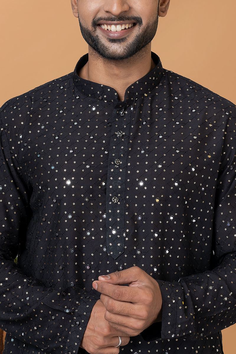 Enticing Black Mens Designer Kurta Set for Sangeet or Engagement