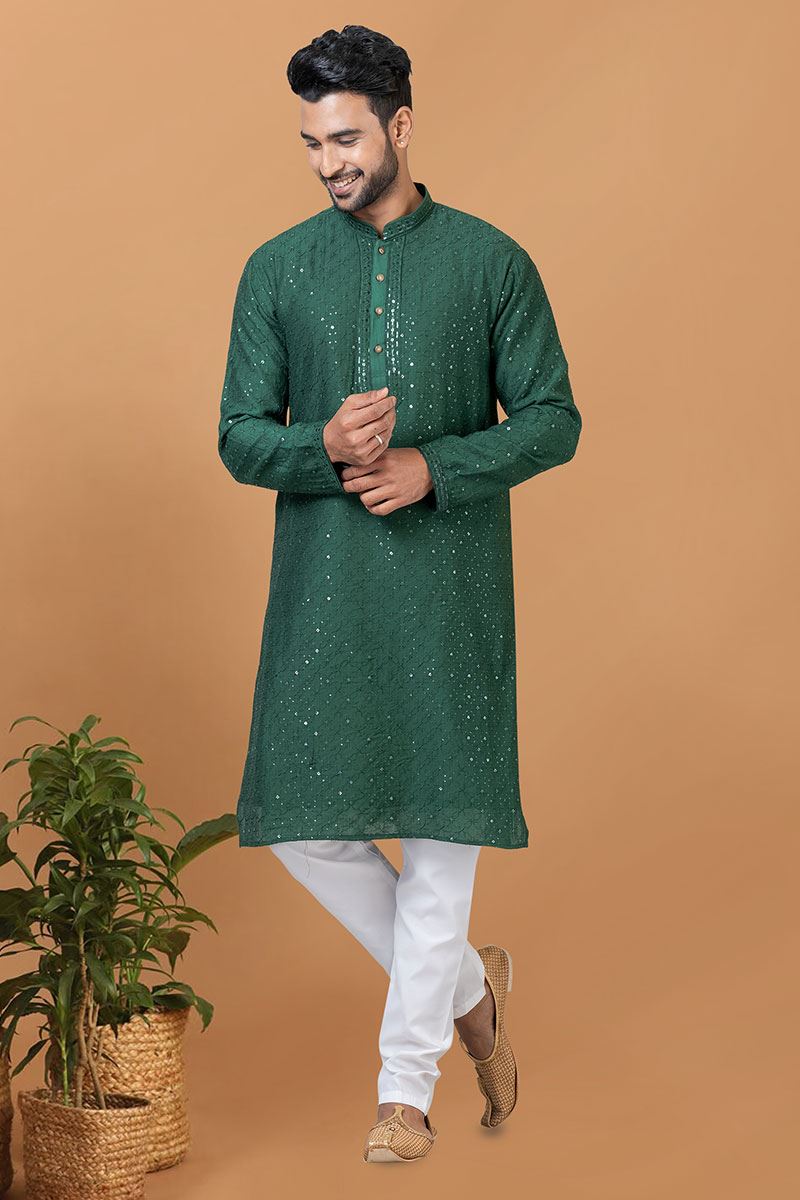 Delightful Green Mens Designer Kurta and Churidar Set for Festive or Mehendi