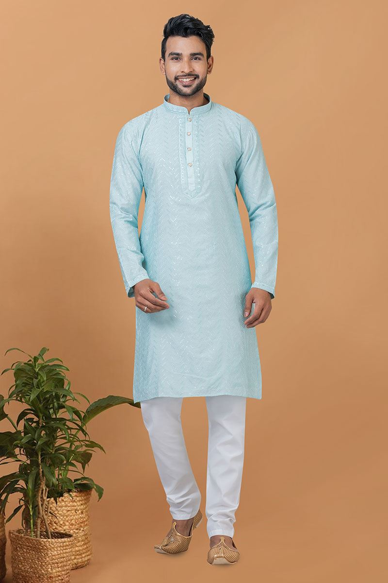 Impressive Sky Blue Mens Designer Kurta and Churidar Set for Festive or Engagement