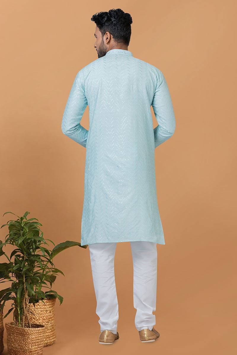 Impressive Sky Blue Mens Designer Kurta and Churidar Set for Festive or Engagement