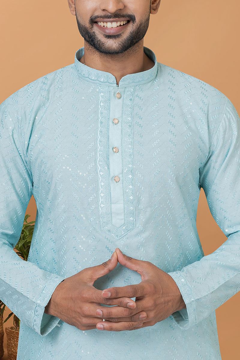 Impressive Sky Blue Mens Designer Kurta and Churidar Set for Festive or Engagement