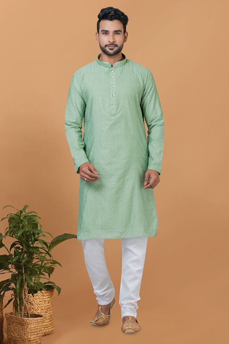 Amazing Pista Colored Mens Kurta and Churidar Set for Festive or Engagement