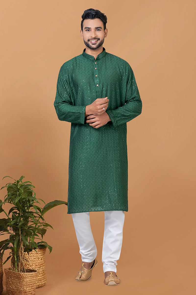 Royal Green Colored Mens Kurta and Churidar Set for Mehendi or Engagement