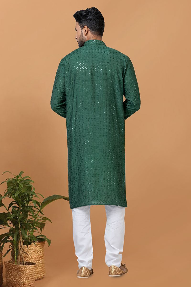 Royal Green Colored Mens Kurta and Churidar Set for Mehendi or Engagement