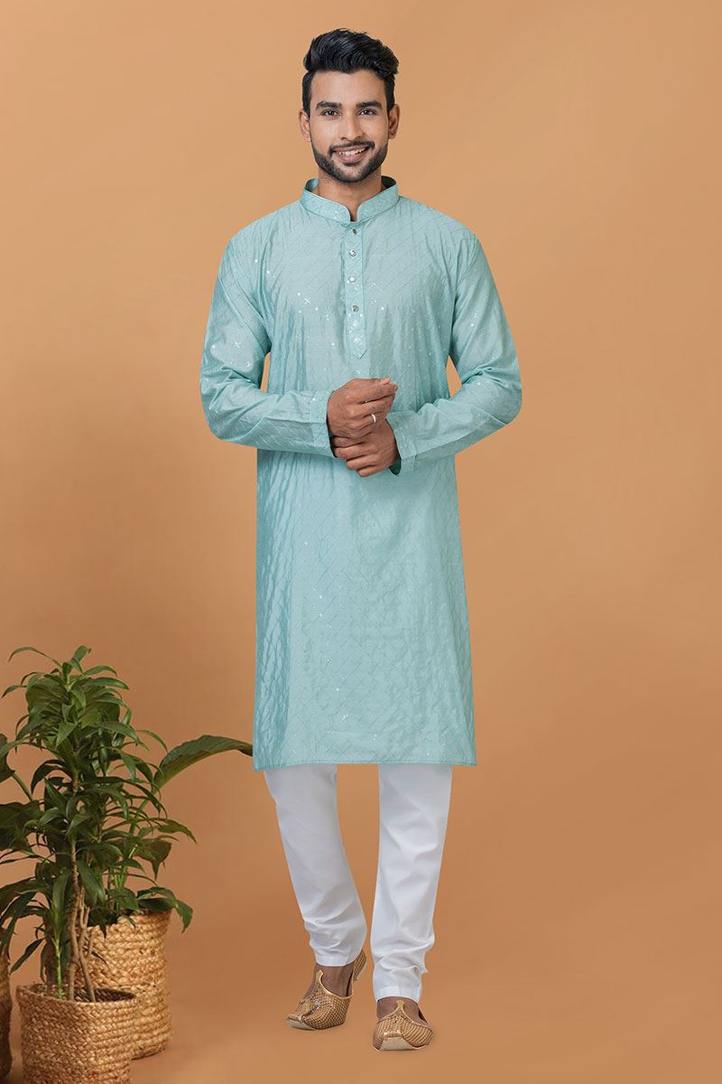 Artistic Sky Blue Mens Designer Kurta Set for Sangeet or Engagement
