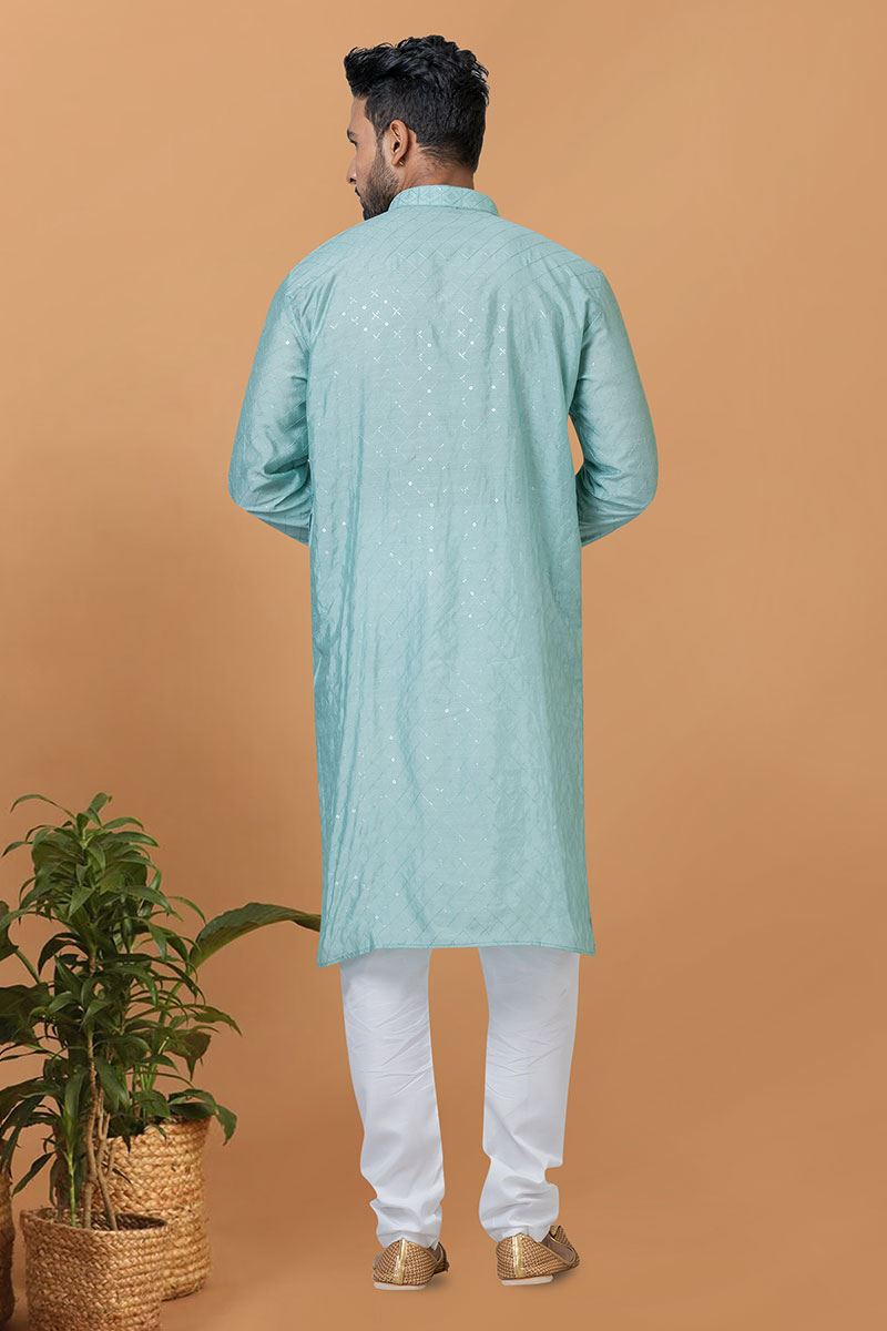 Artistic Sky Blue Mens Designer Kurta Set for Sangeet or Engagement
