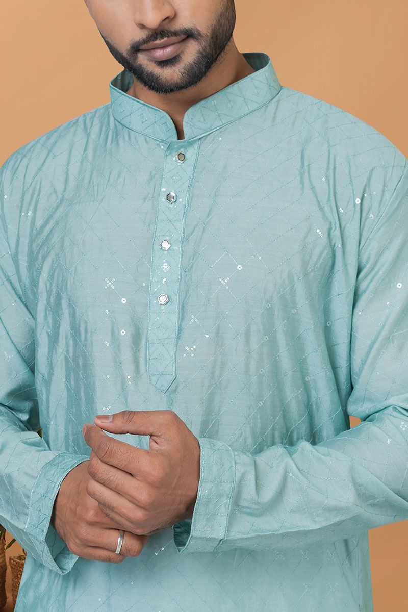 Artistic Sky Blue Mens Designer Kurta Set for Sangeet or Engagement