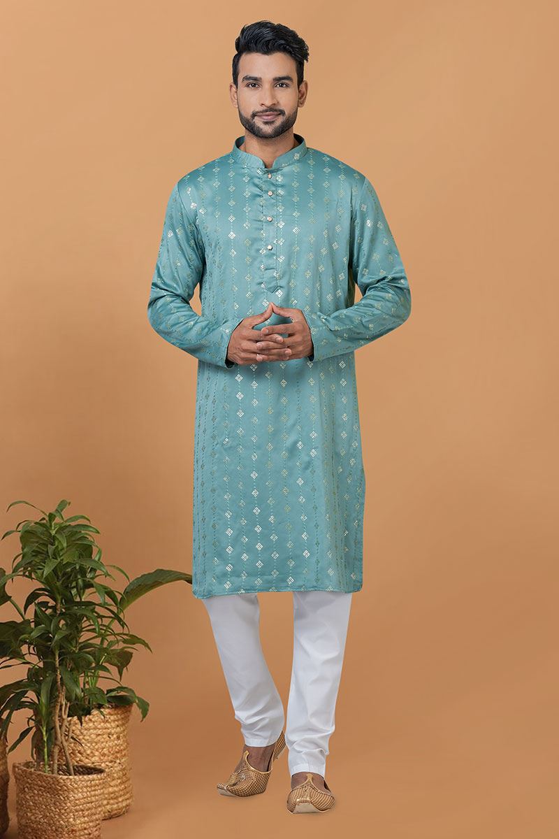 Classy Blue Mens Designer Kurta and Churidar Set for Festive or Engagement