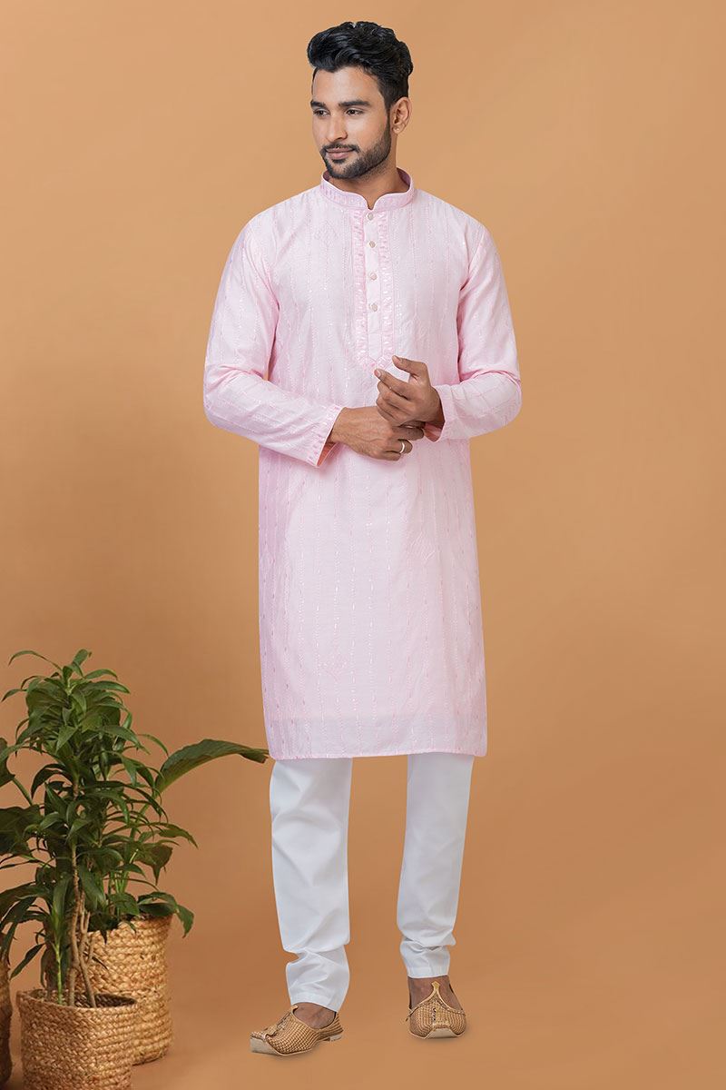 Majestic Light Pink Mens Designer Kurta and Churidar Set for Festive or Engagement