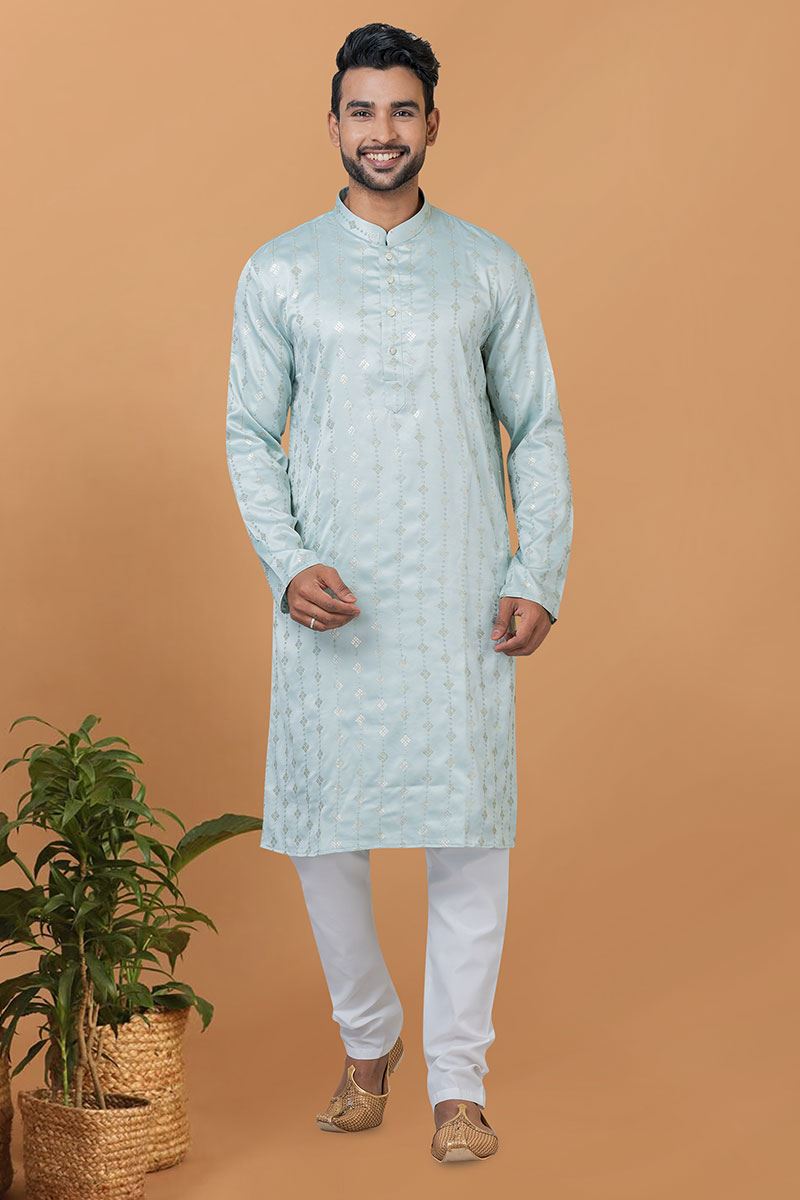 Appealing Sky Blue Mens Designer Kurta and Churidar Set for Festive or Engagement