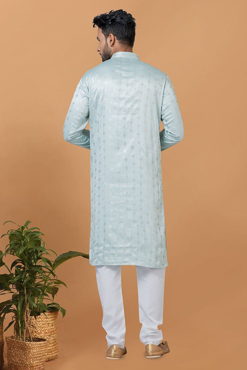 Appealing Sky Blue Mens Designer Kurta and Churidar Set for Festive or Engagement