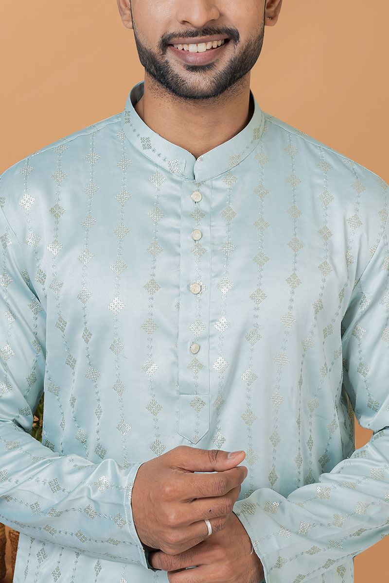 Appealing Sky Blue Mens Designer Kurta and Churidar Set for Festive or Engagement
