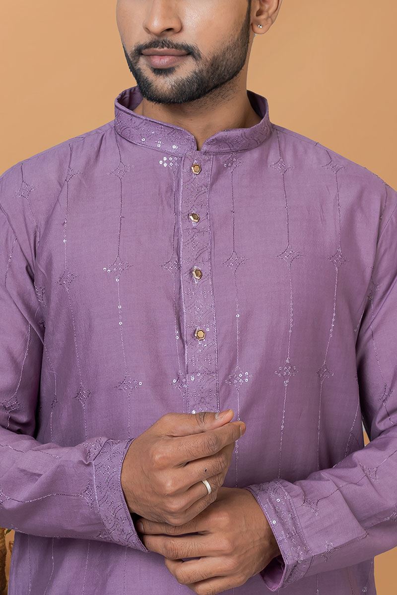 Fashionable Purple Mens Designer Kurta and Churidar Set for Wedding or Sangeet