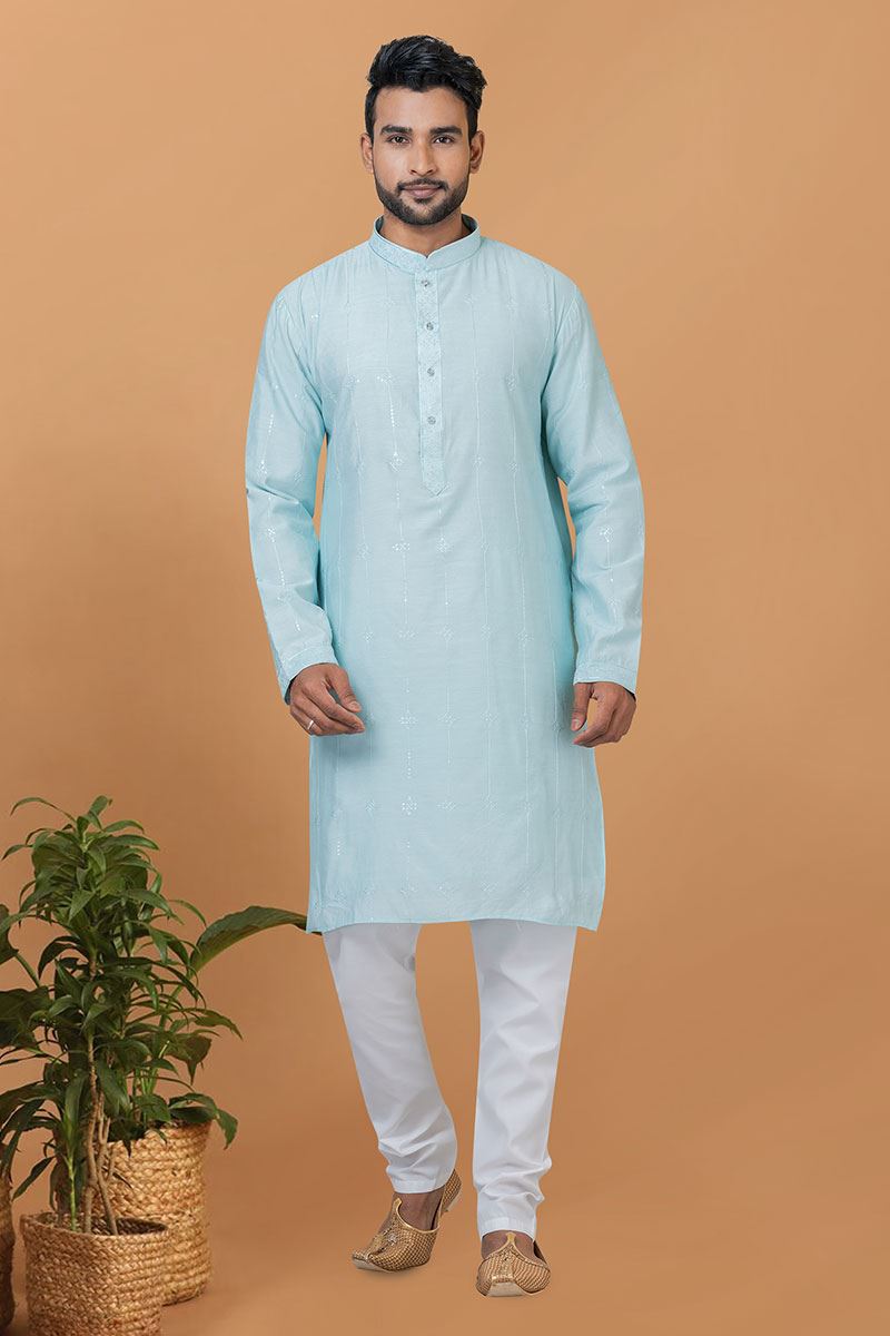 Magnificent Sky Blue Mens Designer Kurta Set for Festive or Engagement