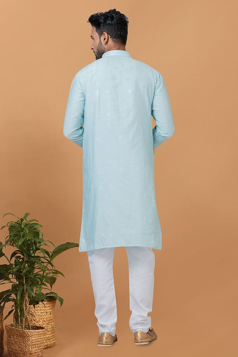 Magnificent Sky Blue Mens Designer Kurta Set for Festive or Engagement