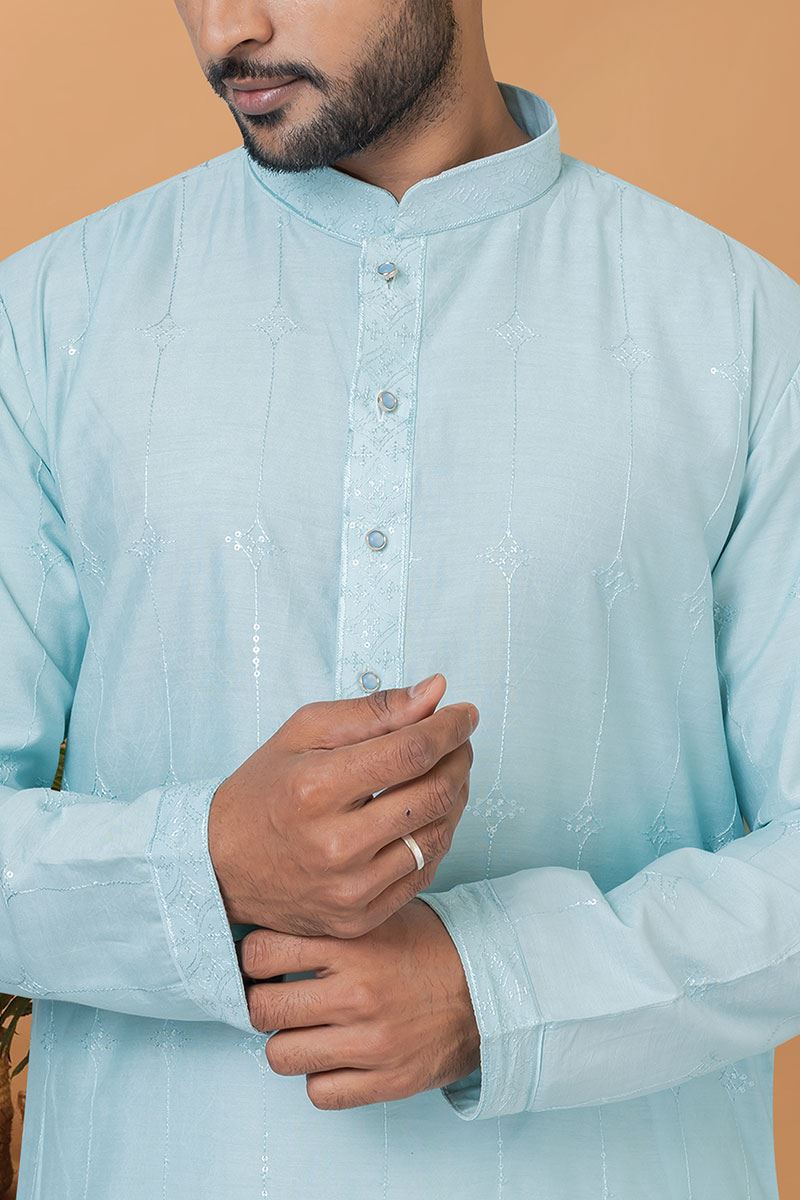 Magnificent Sky Blue Mens Designer Kurta Set for Festive or Engagement
