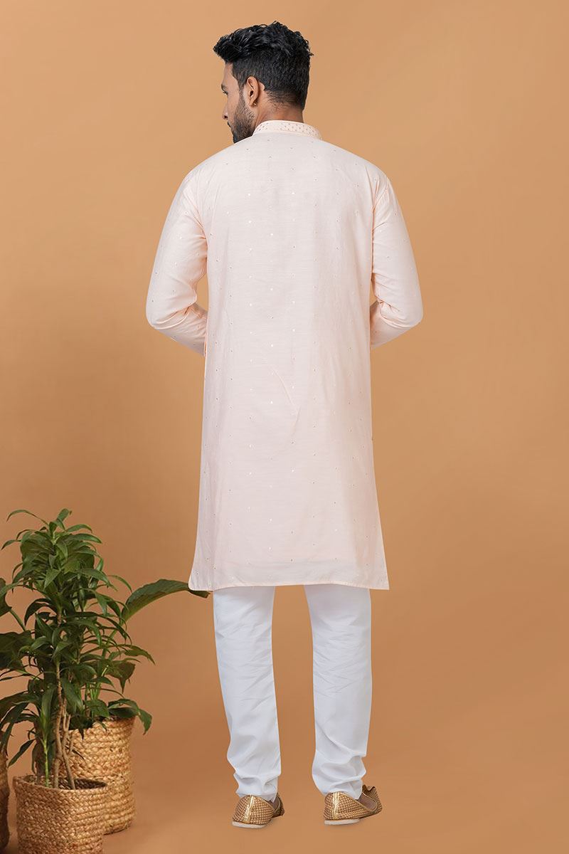 Attractive Light Peach Mens Designer Kurta and Churidar Set for Festive or Engagement