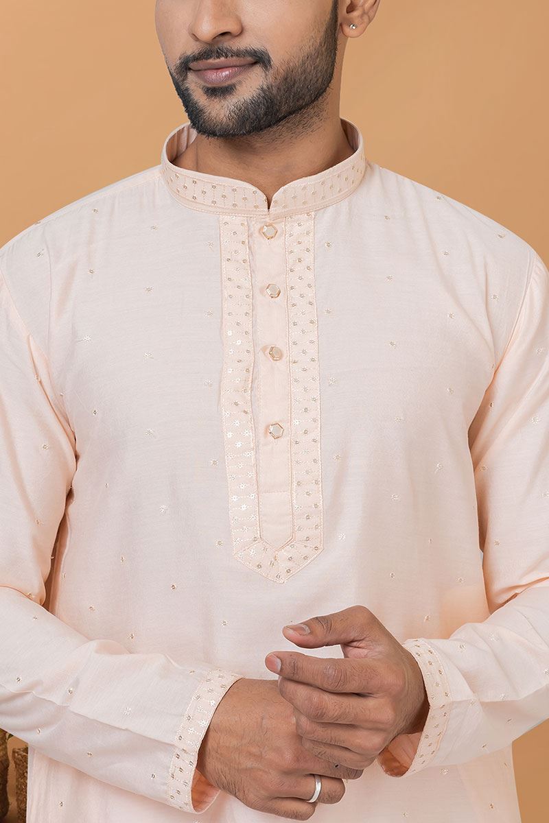 Attractive Light Peach Mens Designer Kurta and Churidar Set for Festive or Engagement