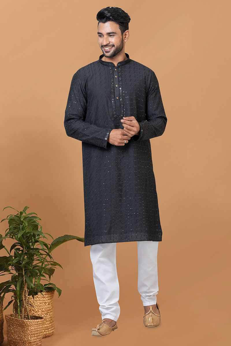 Exuberant Black Mens Designer Kurta and Churidar Set for Sangeet or Engagement