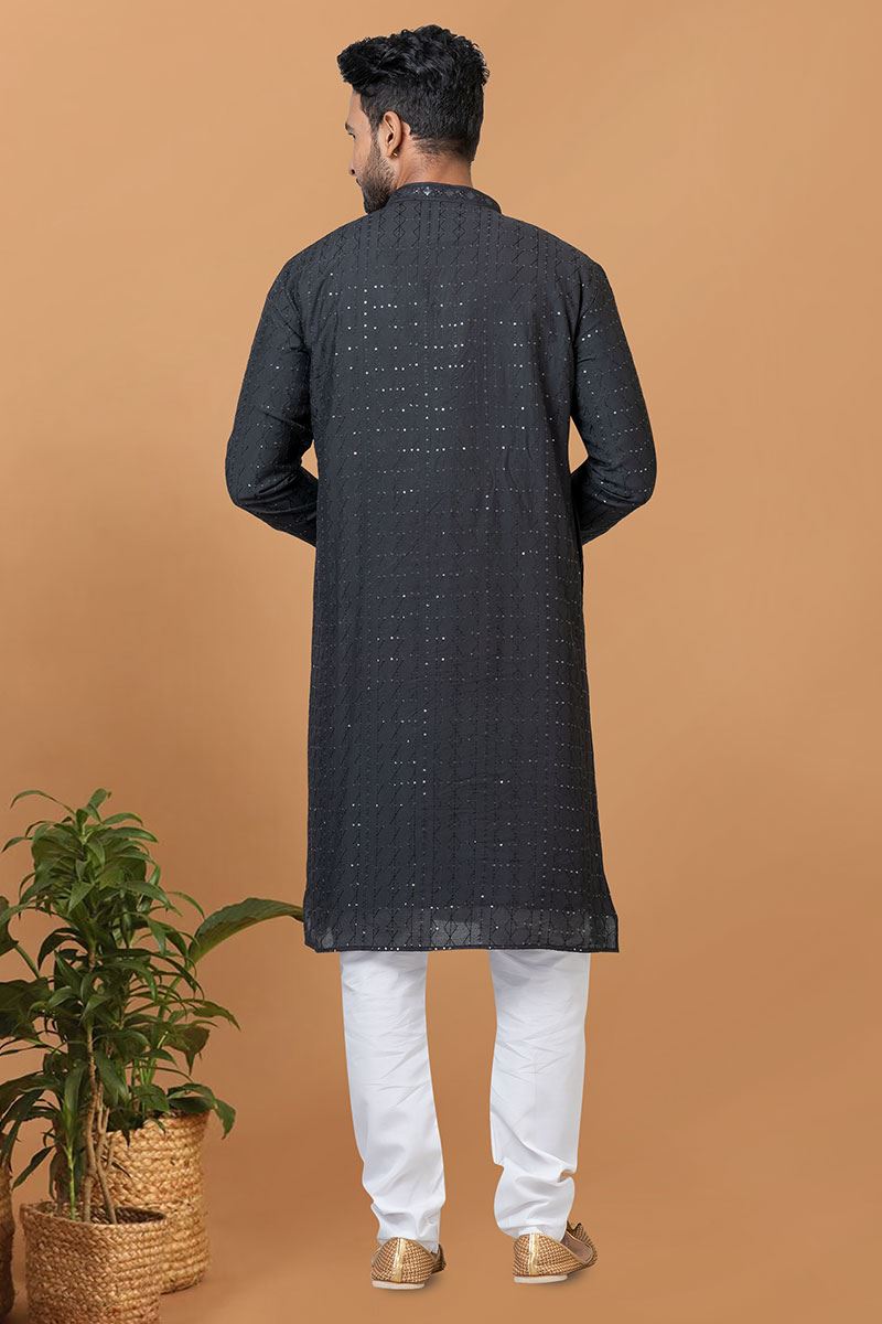 Exuberant Black Mens Designer Kurta and Churidar Set for Sangeet or Engagement