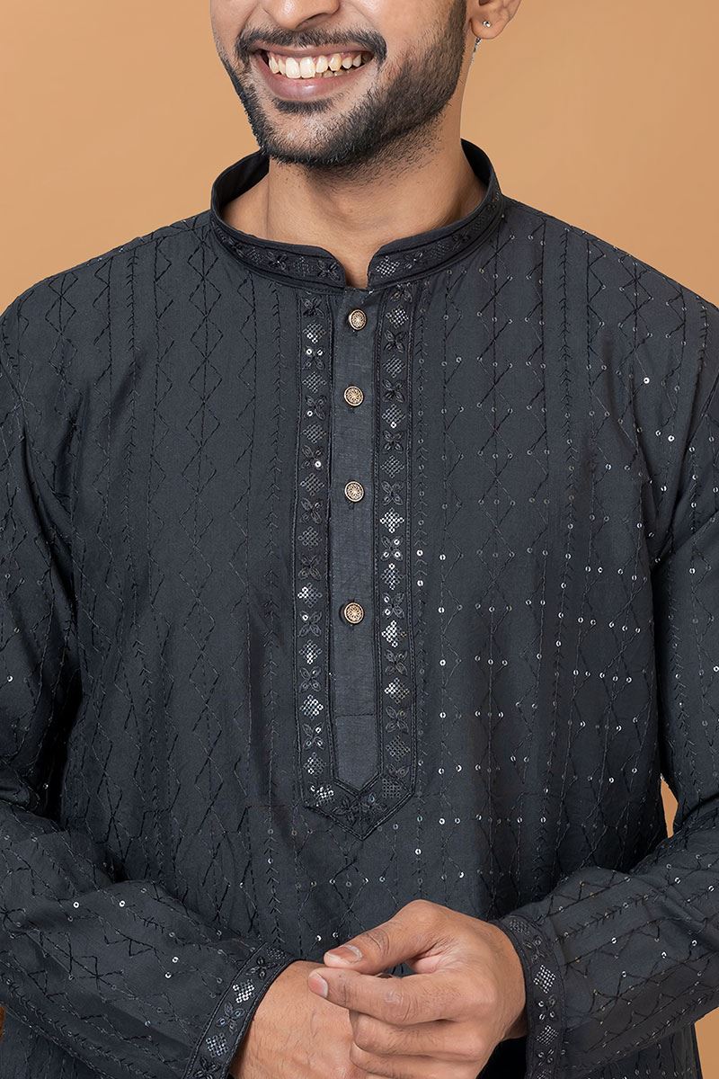 Exuberant Black Mens Designer Kurta and Churidar Set for Sangeet or Engagement