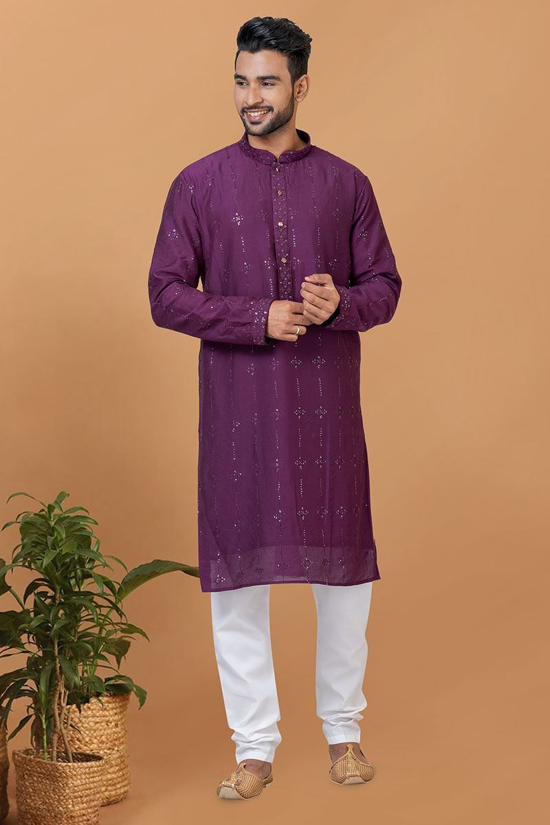 Exquisite Purple Mens Designer Kurta Set for Sangeet or Engagement