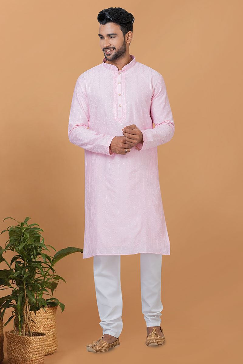 Aesthetic Light Pink Mens Designer Kurta and Churidar Set for Sangeet or Engagement