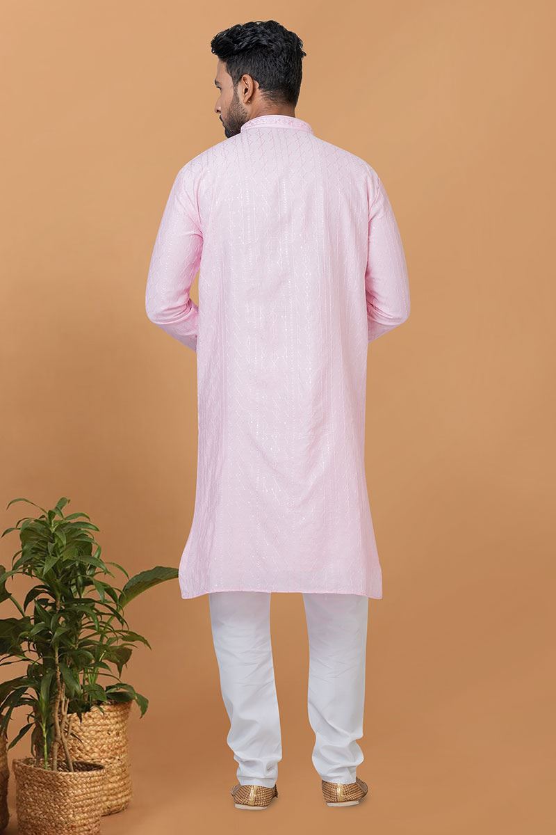 Aesthetic Light Pink Mens Designer Kurta and Churidar Set for Sangeet or Engagement