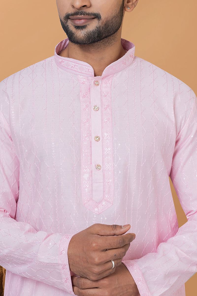 Aesthetic Light Pink Mens Designer Kurta and Churidar Set for Sangeet or Engagement