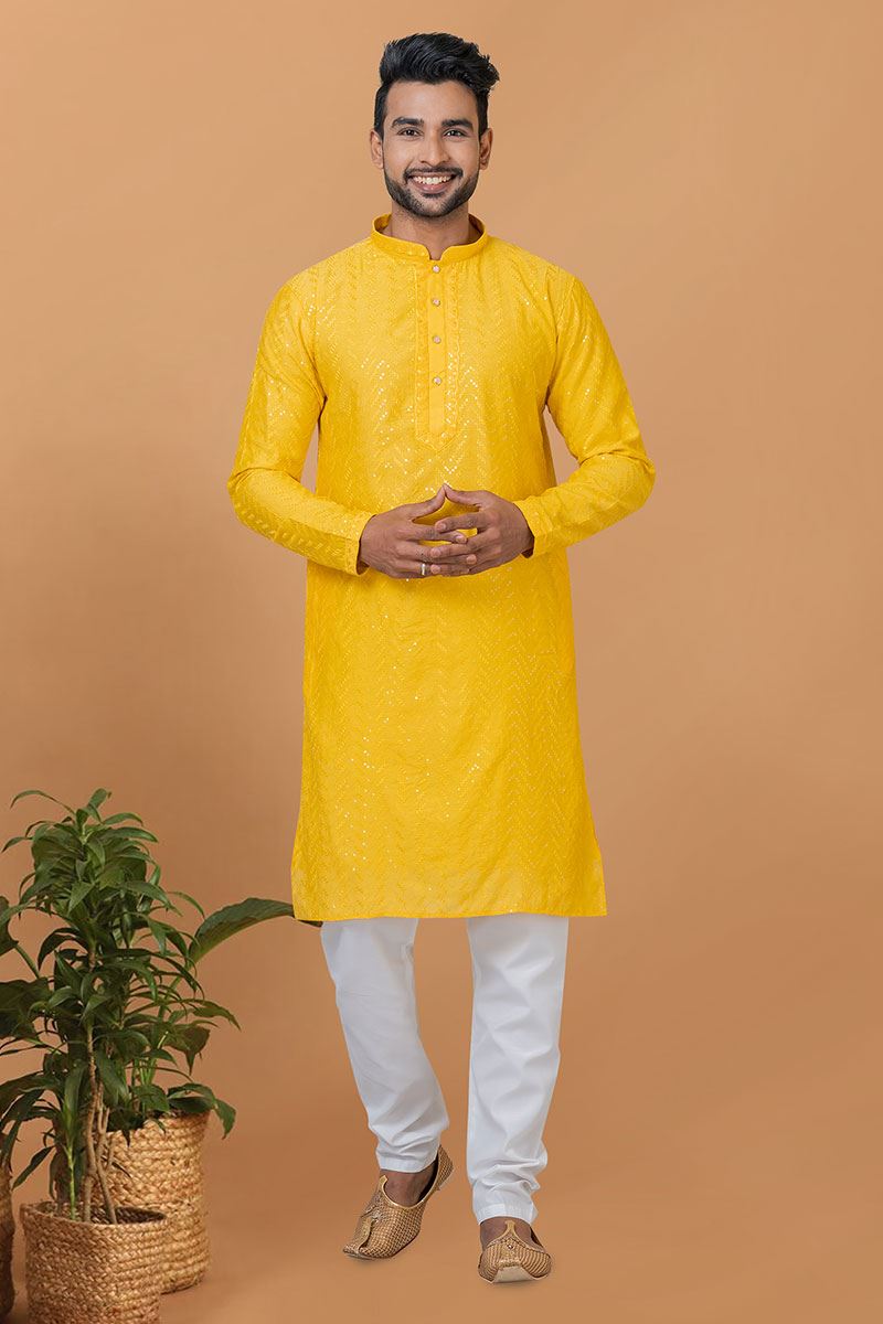 Artistic Yellow Mens Designer Kurta and Churidar Set for Festive or Haldi