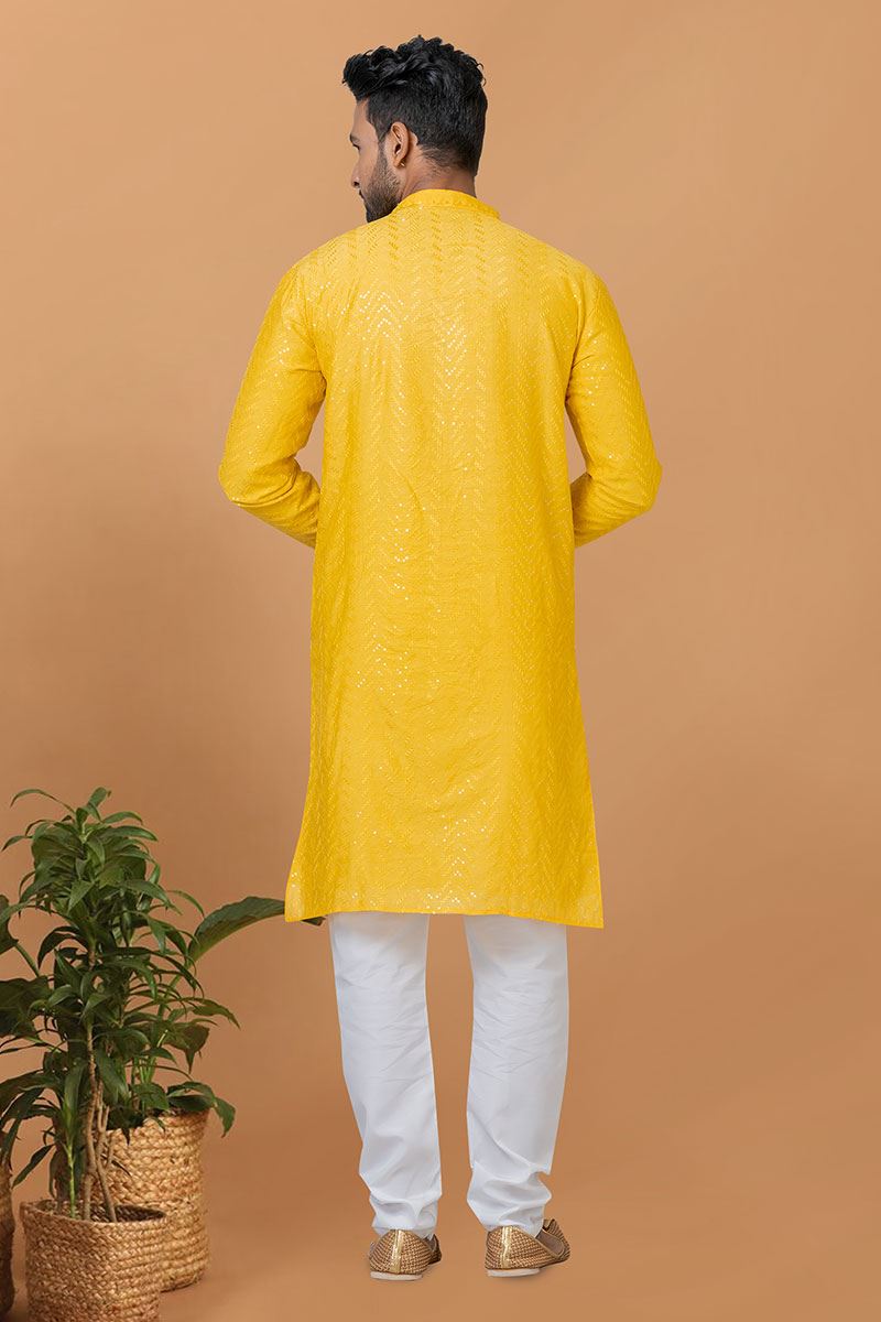 Artistic Yellow Mens Designer Kurta and Churidar Set for Festive or Haldi