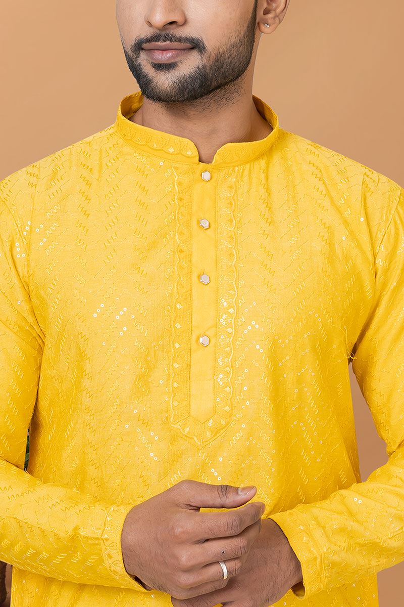 Artistic Yellow Mens Designer Kurta and Churidar Set for Festive or Haldi